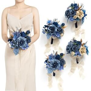 Ling's Moment Blue and Gold Bridesmaid Bouquet Set of 4, Lilac Wedding Bouqu...
